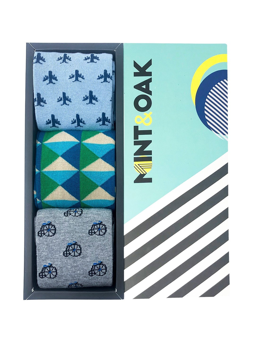 

Mint & Oak Men Pack Of 3 Patterned Calf-Length Socks, Blue