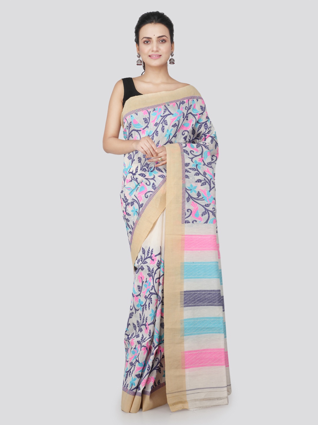 

PinkLoom Off-White & Blue Woven Design Handloom Jamdani Sustainable Saree