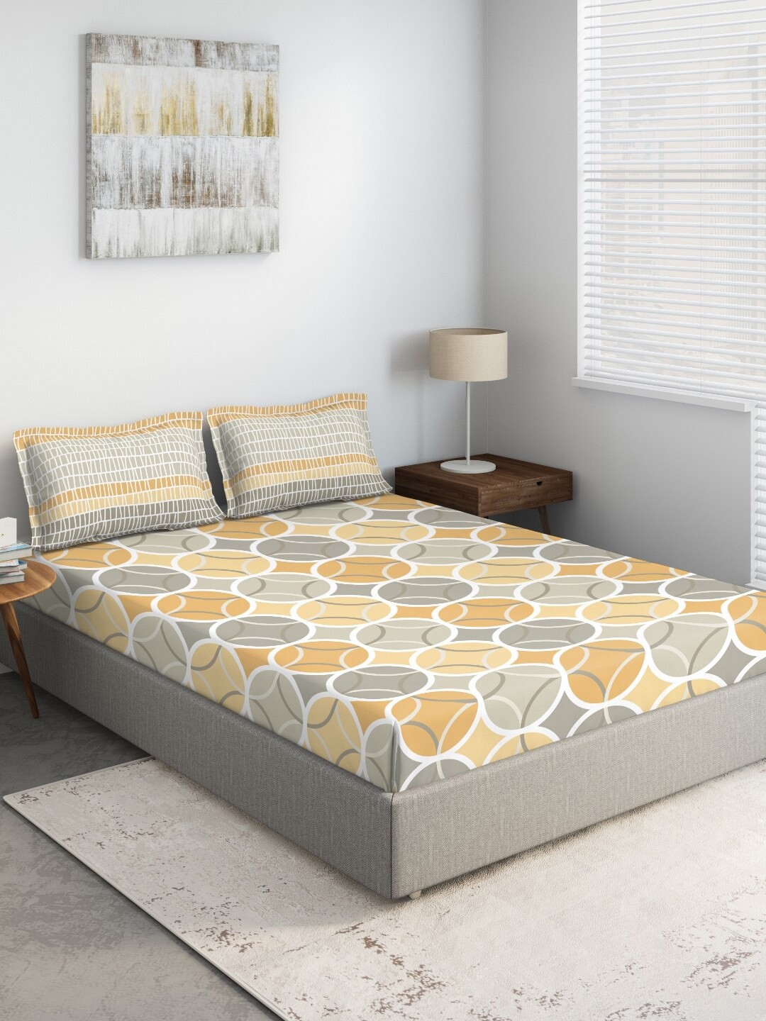 

DDecor Orange & Grey Geometric 144 TC Cotton 1 King Bedsheet with 2 Pillow Covers