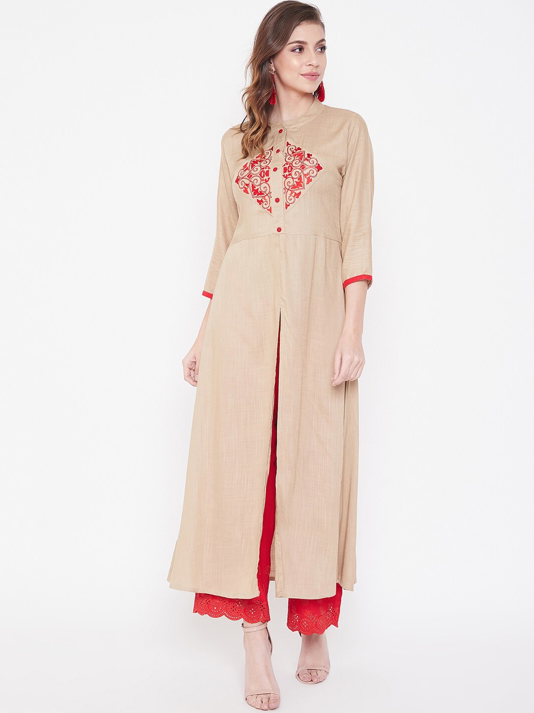 

WineRed Women Beige & Red Embroidered A-Line Kurta