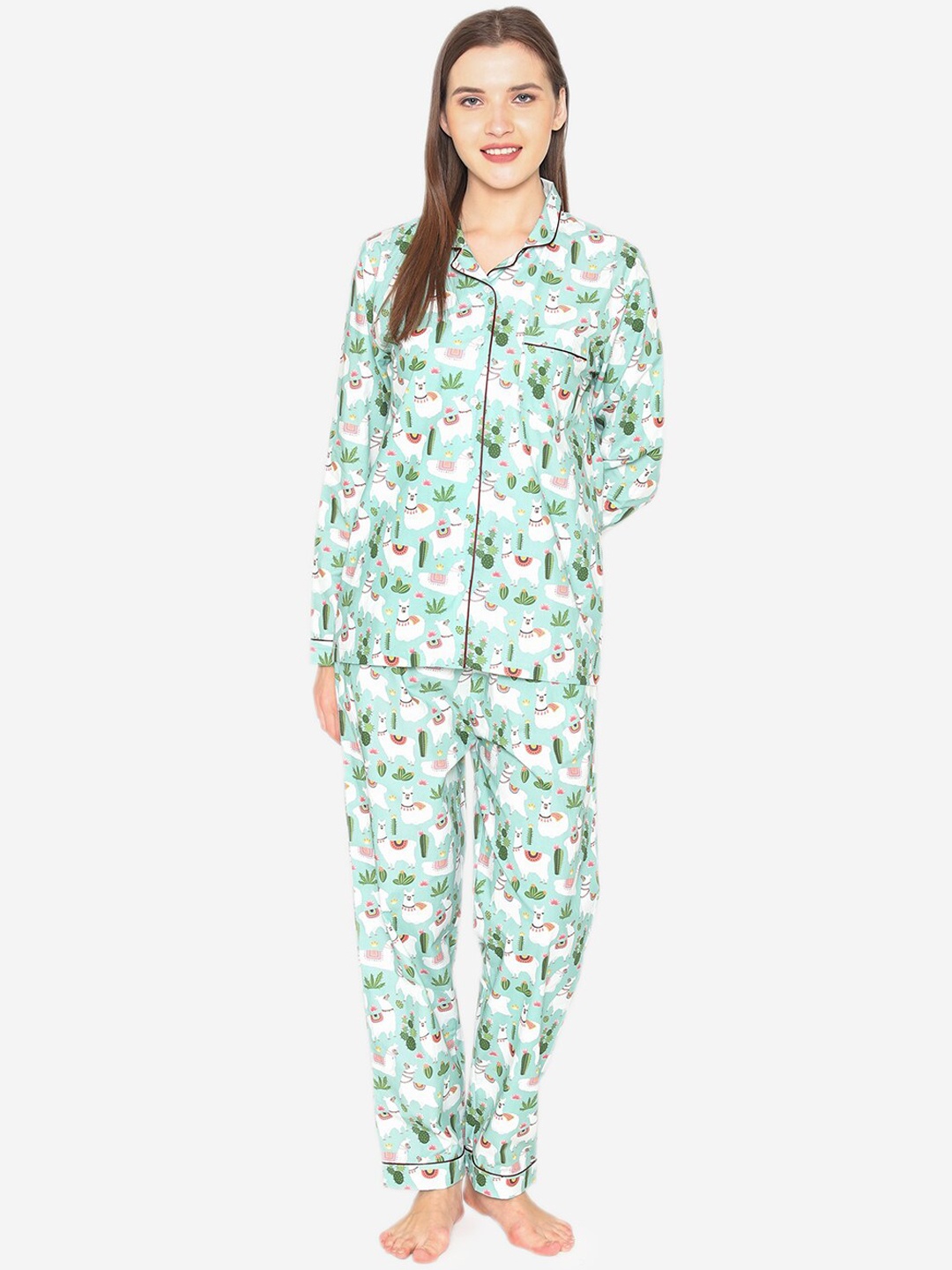 

Fluffalump Women Green & White Printed Cotton Night Suit