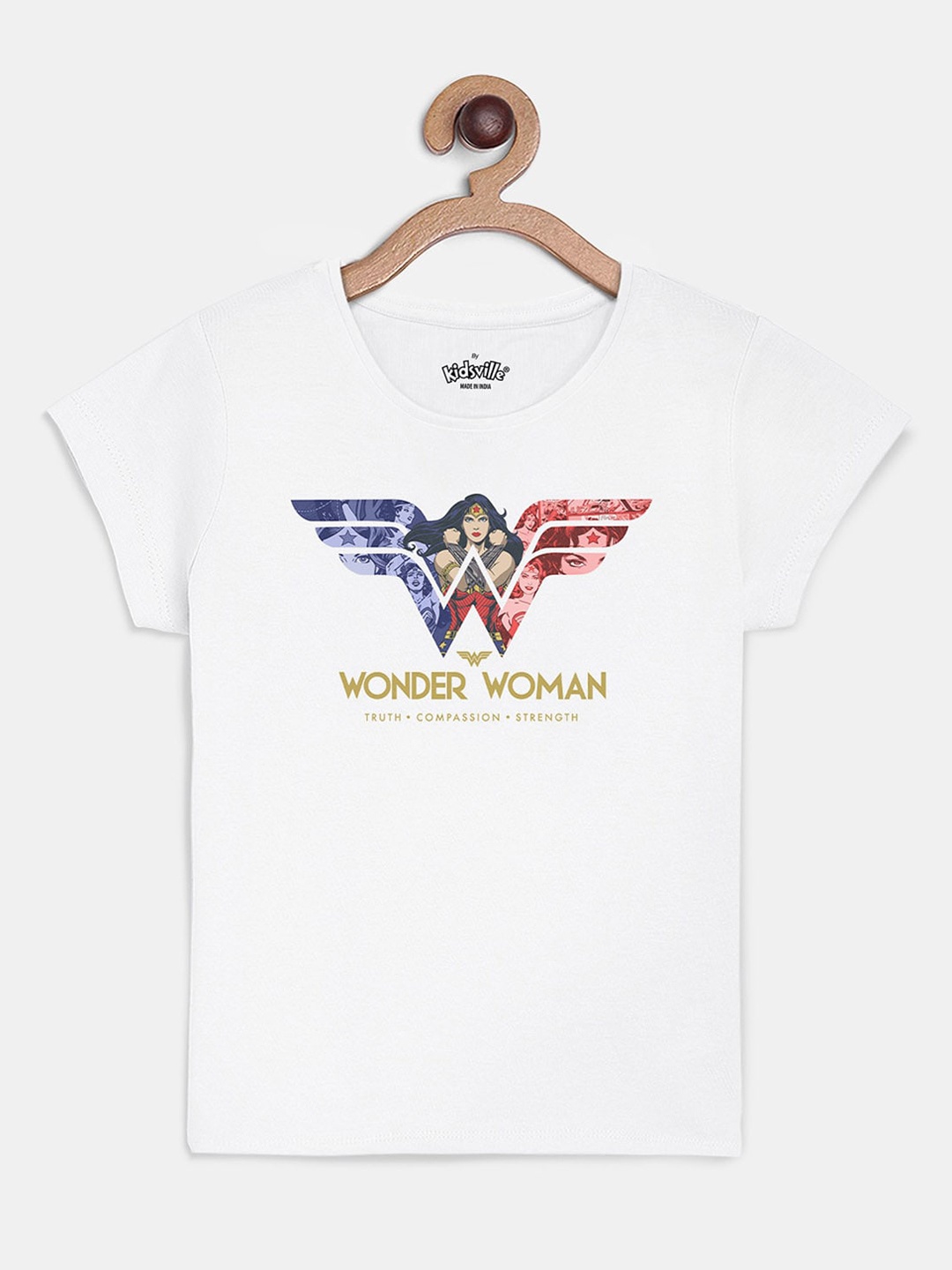 

Kids Ville Girls White Wonder Woman Printed Round Neck Pure Cotton T-shirt
