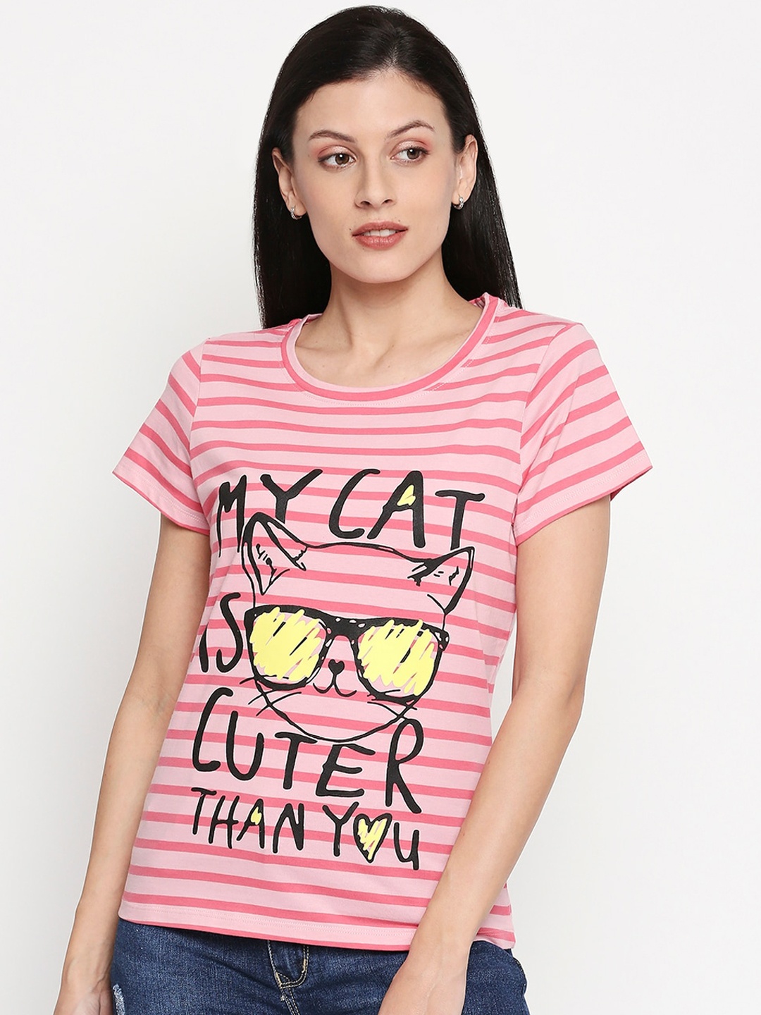 

People Women Pink Striped Round Neck T-shirt
