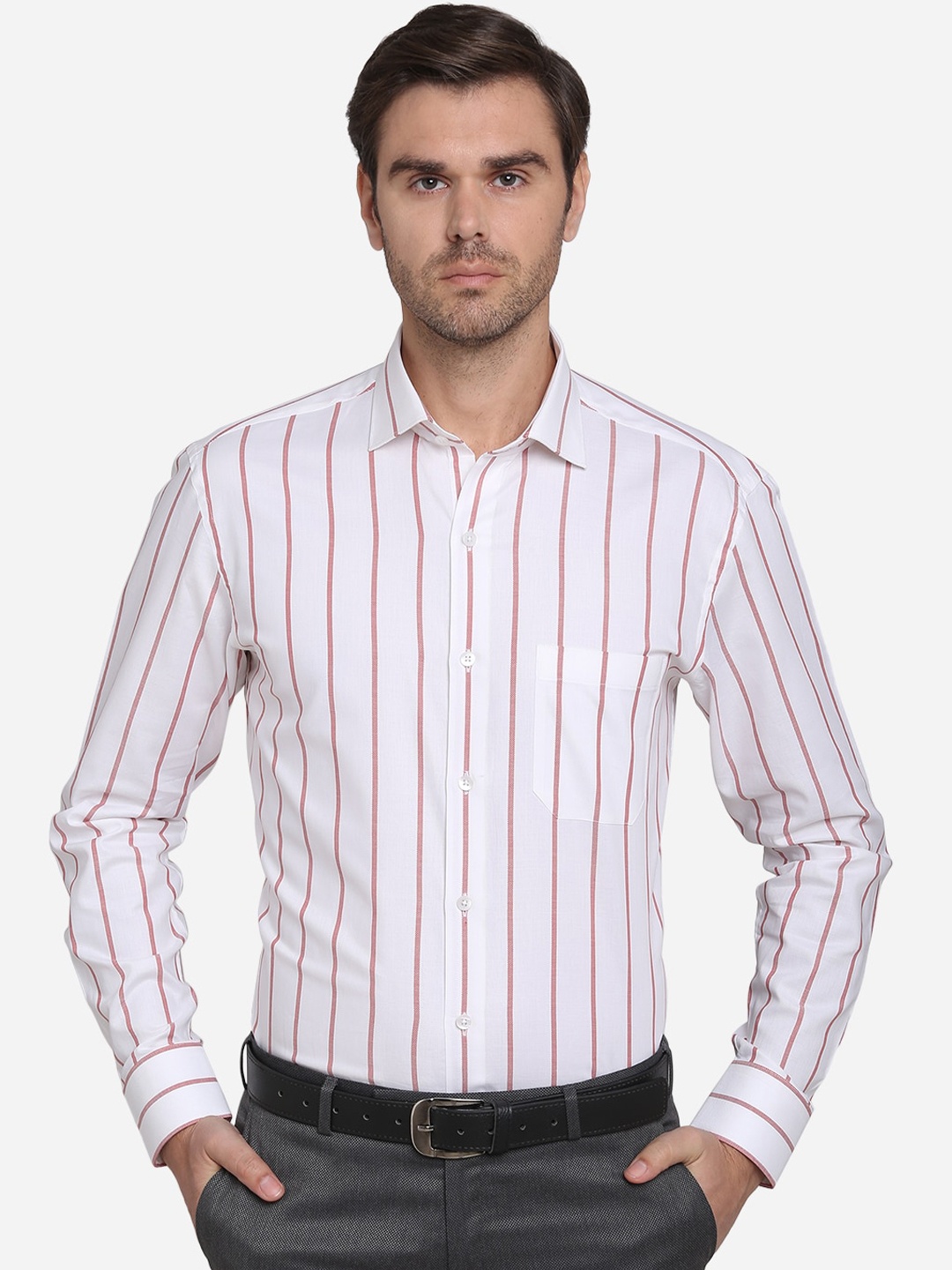 

METAL Men White & Red Slim Fit Striped Formal Cotton Shirt