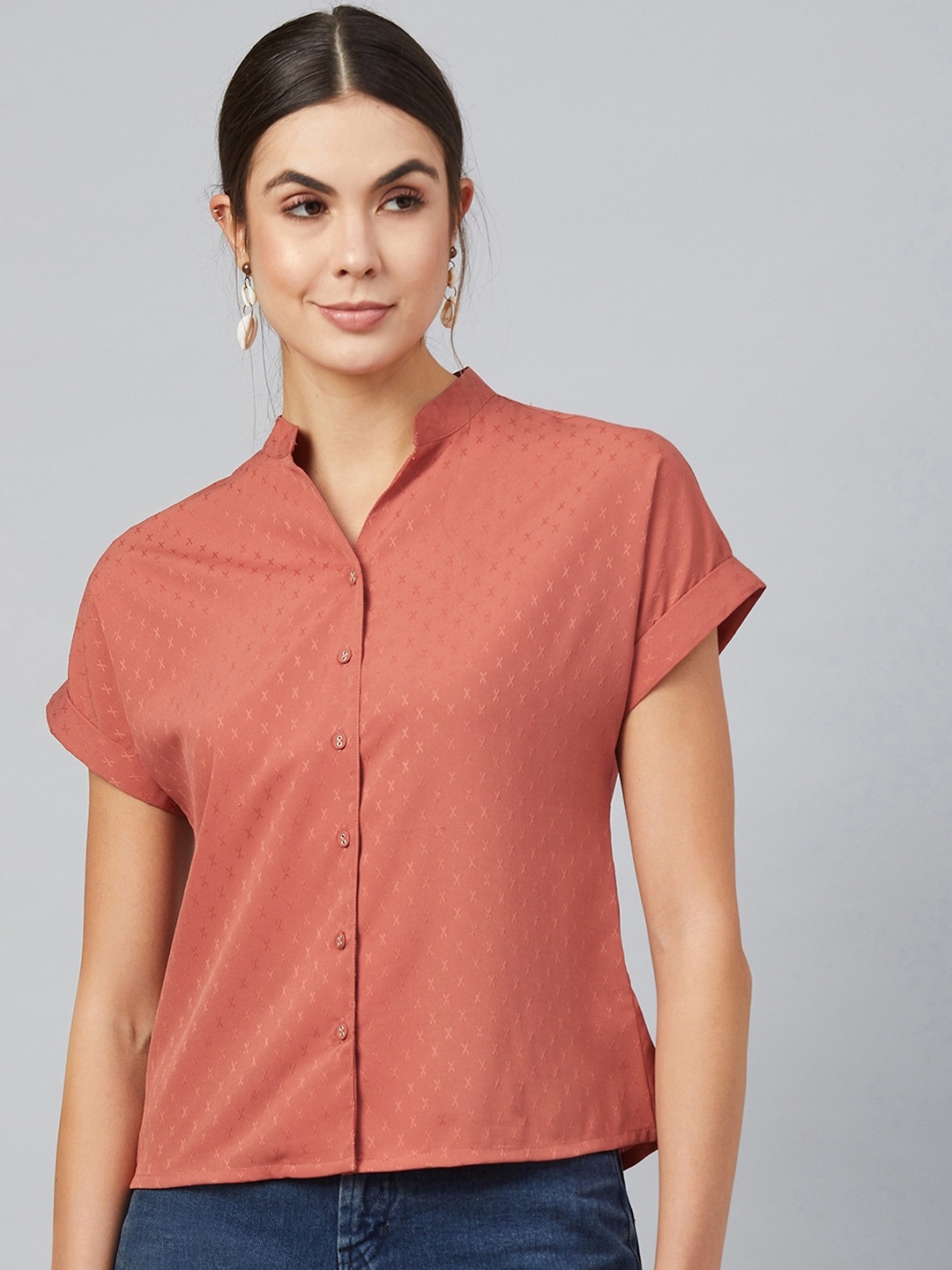 

Carlton London Women Rust Brown Self Design Shirt Style Top