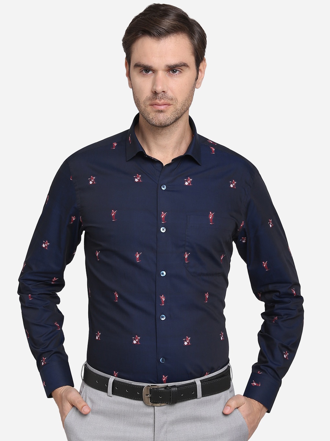 

METAL Men Navy Blue Slim Fit Printed Formal Shirt