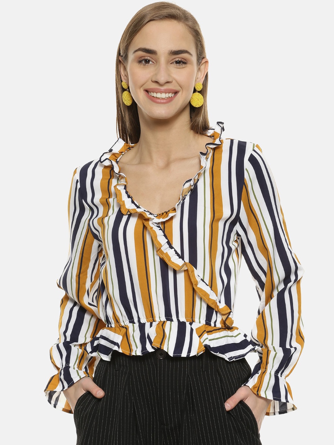 

Campus Sutra Women White & Yellow Striped Wrap Top