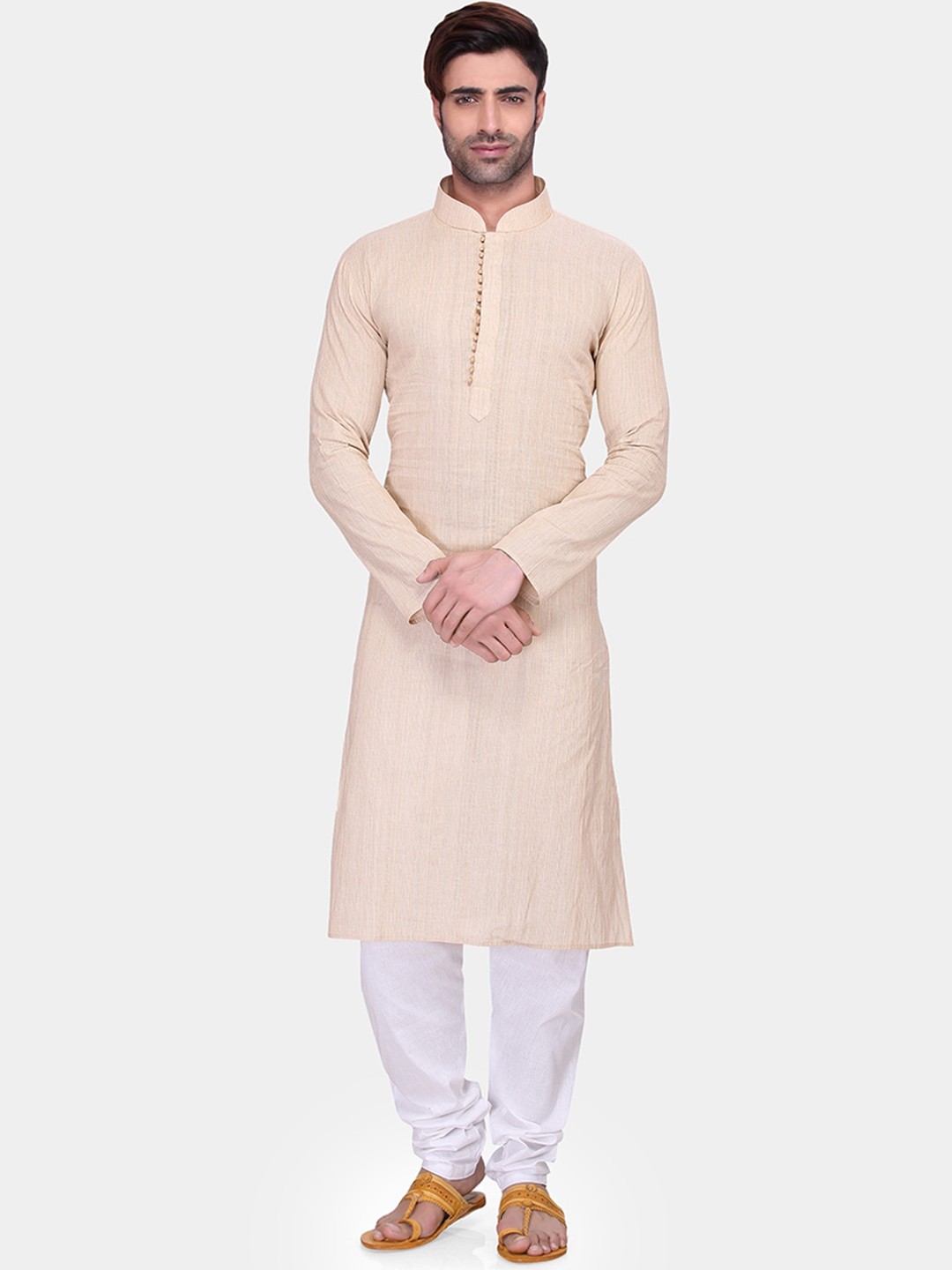 

RG DESIGNERS Men Cream-Coloured & White Solid Kurta with Churidar