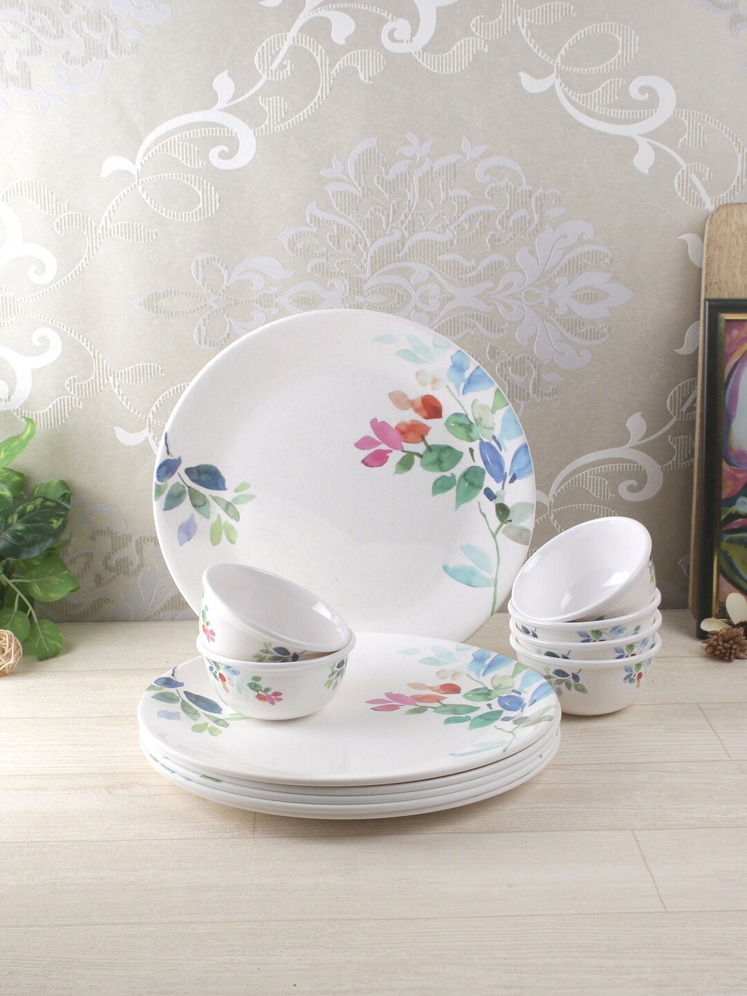 

Servewell Unisex White Printed Leaf Glossary 12 Pieces Melamine Dinner Set