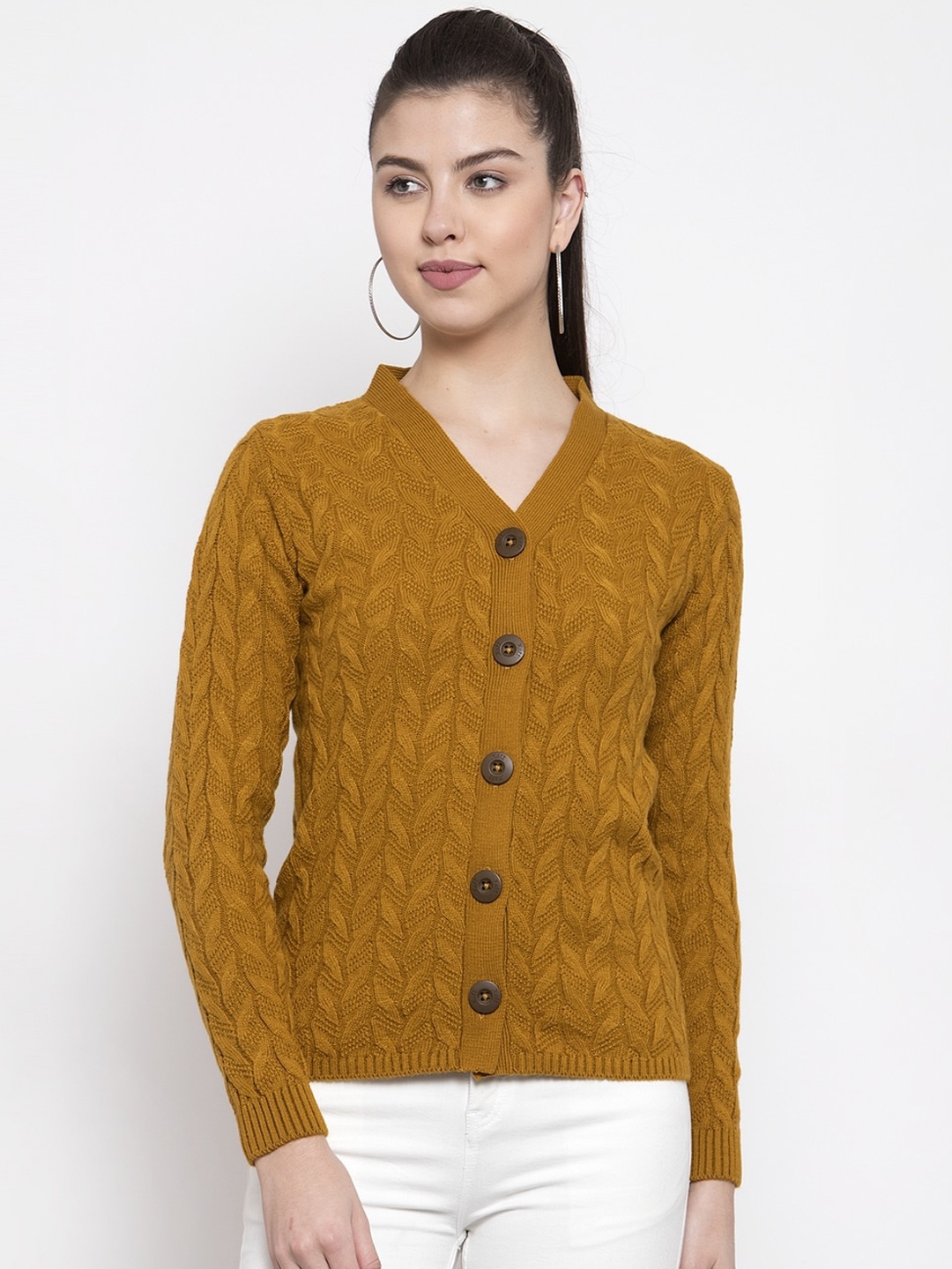 

Kalt Women Mustard Yellow Self Design Cardigan Sweater