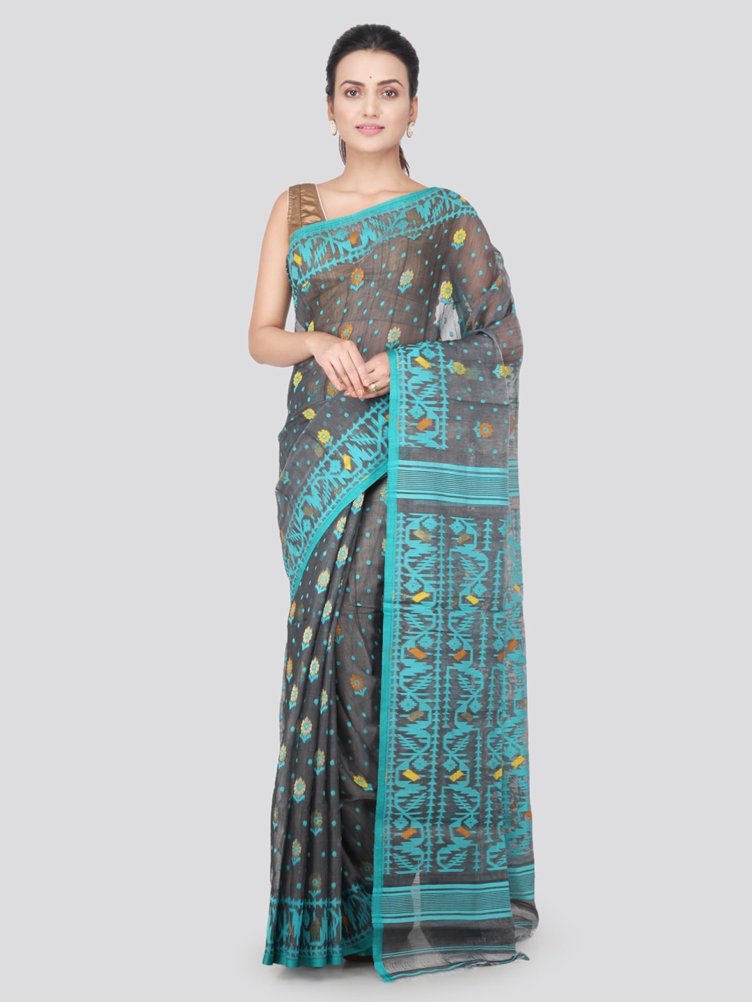 

PinkLoom Grey & Blue Pure Cotton Woven Design Handloom Jamdani Sustainable Saree