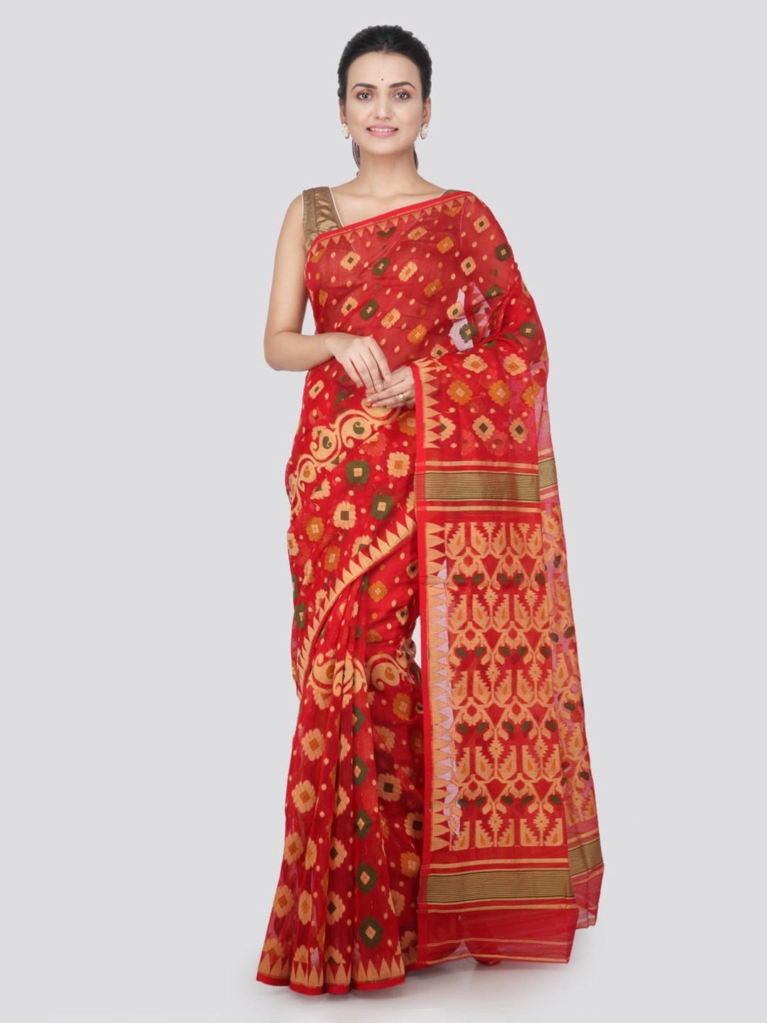 

PinkLoom Red Pure Cotton Woven Design Handloom Jamdani Saree