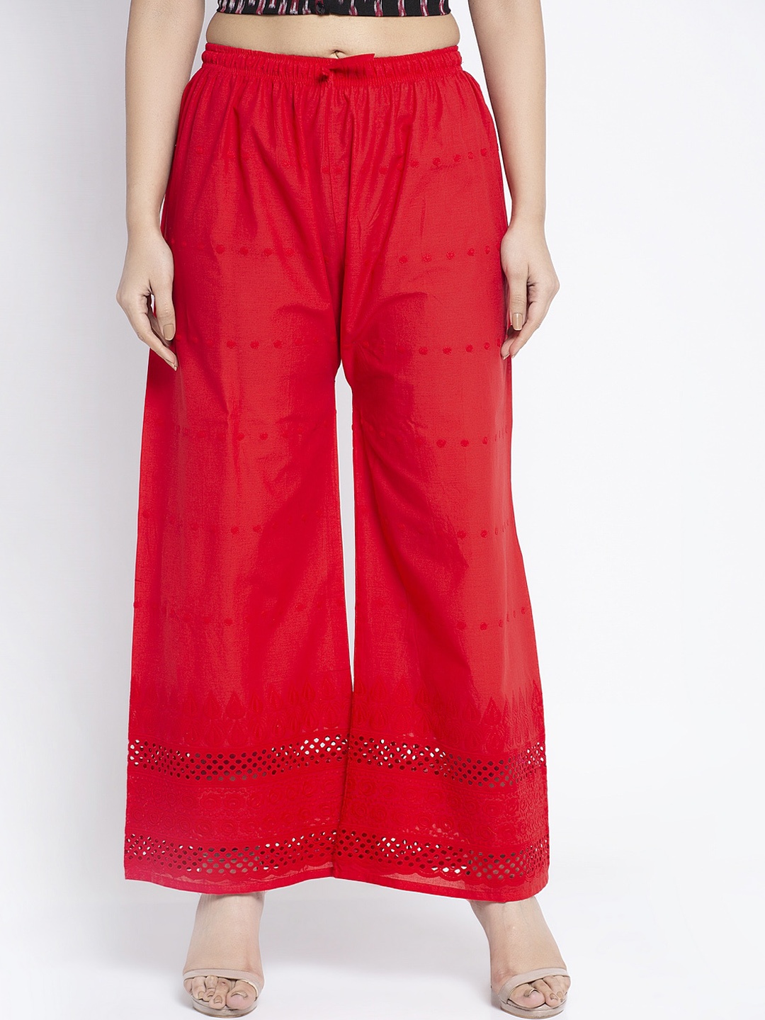 

GRACIT Women Red Hem Design Cotton Flared Palazzos