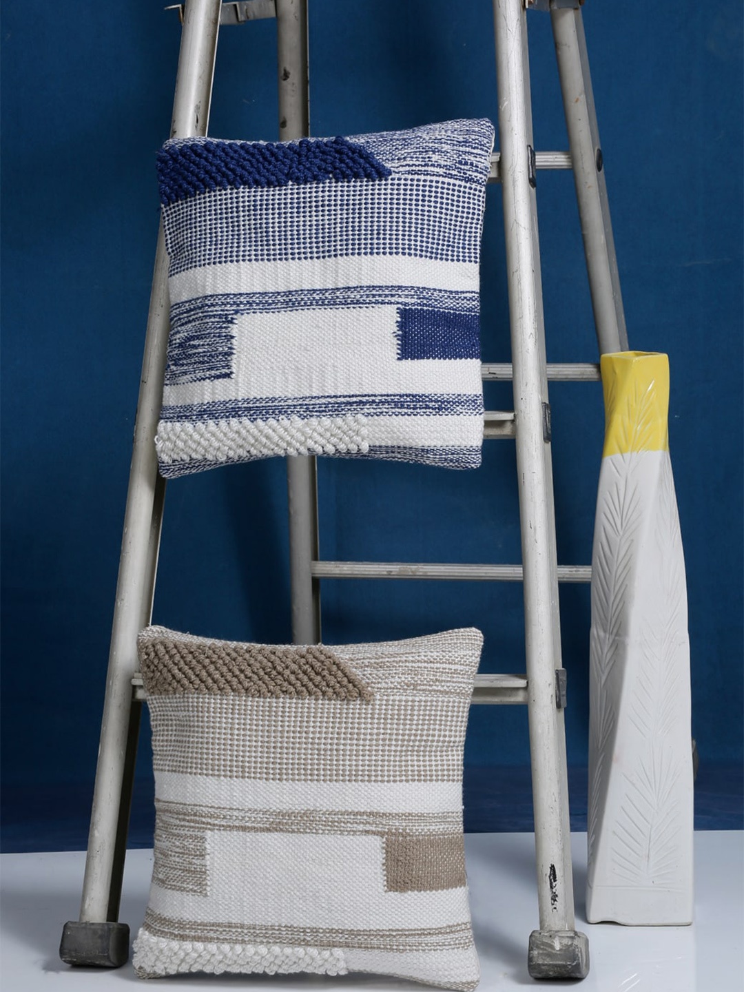 

HOSTA HOMES Off-White & Blue Set of 2 Embroidered Square Cushion Covers