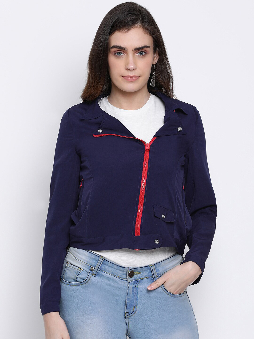 

Oxolloxo Women Navy Blue Solid Tailored Jacket
