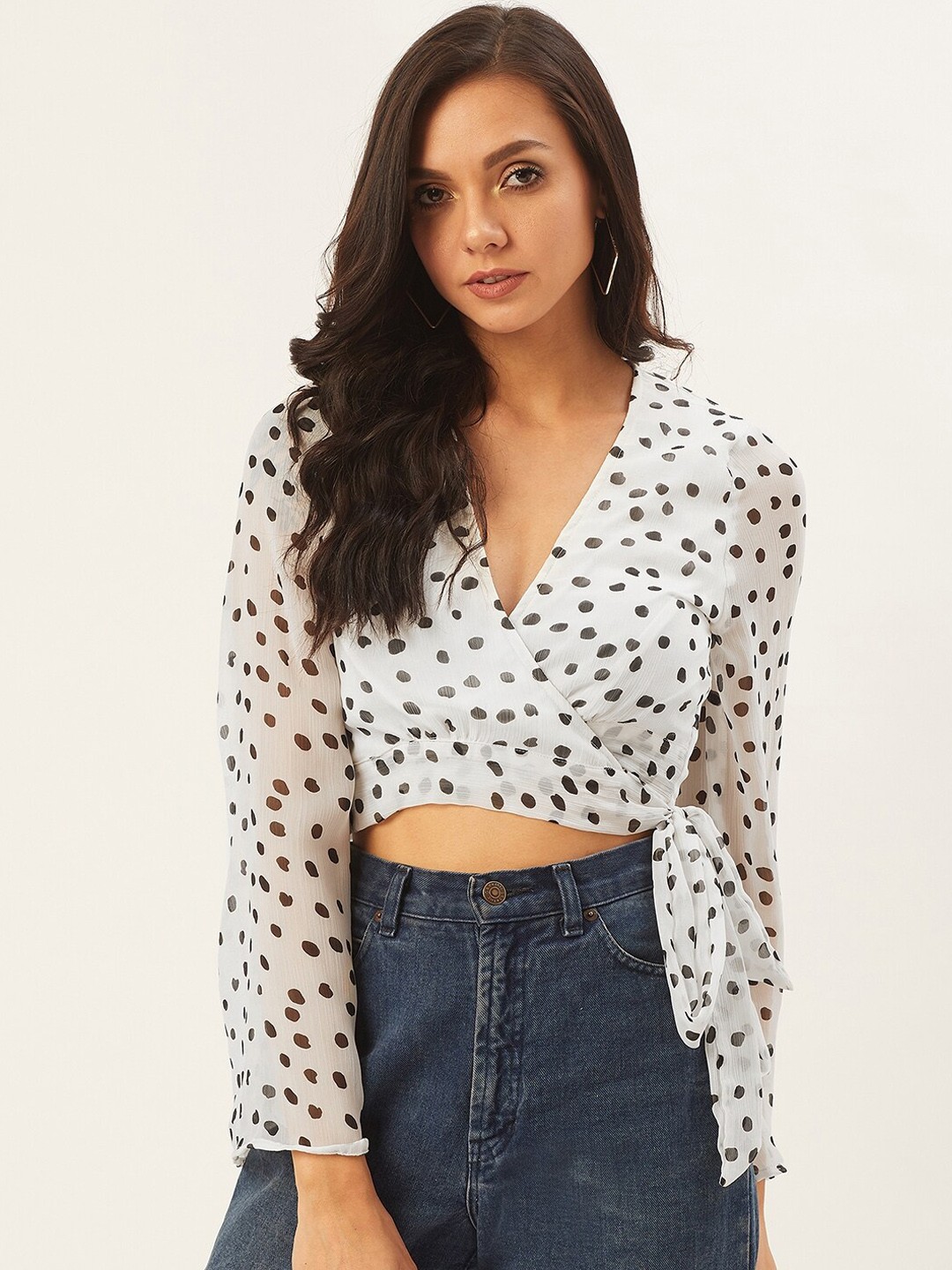 

ANVI Be Yourself Women White & Black Printed Wrap Crop Top