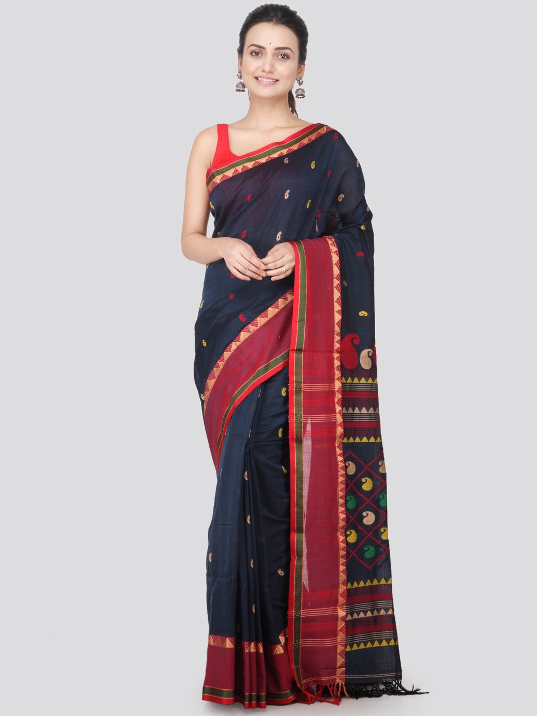 

PinkLoom Teal Blue & Red Pure Cotton Woven Design Handloom Saree
