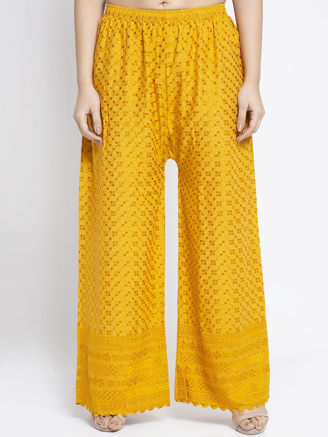 

GRACIT Women Yellow Embroidered Flared Palazzos