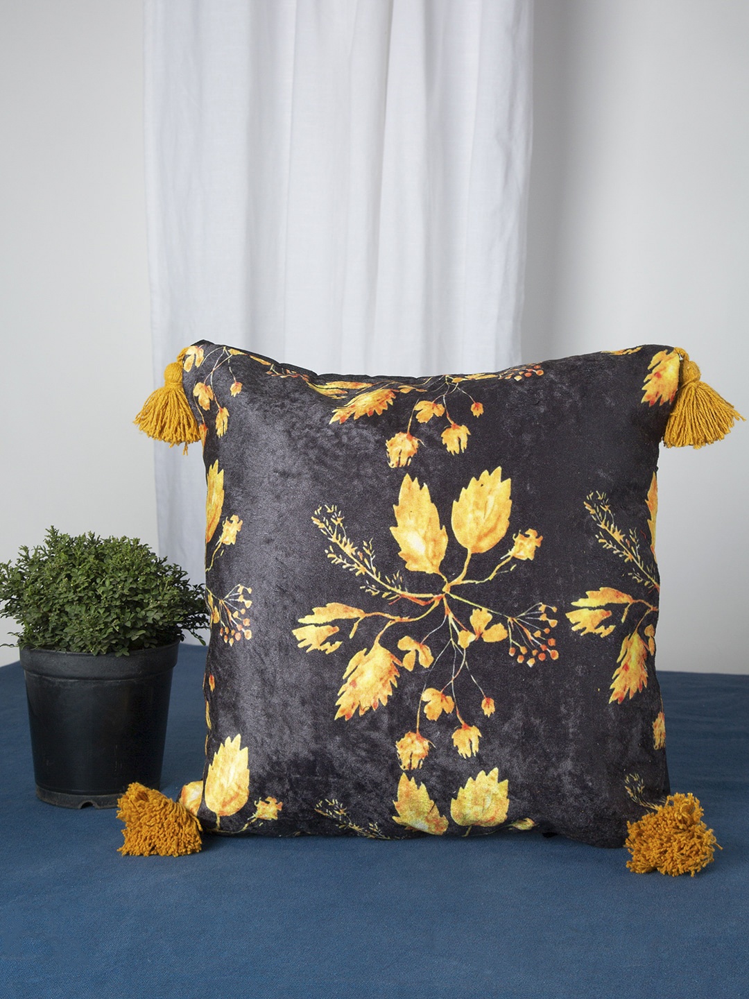 HOSTA HOMES Black & Yellow Set of Single Floral Square Cushion Covers