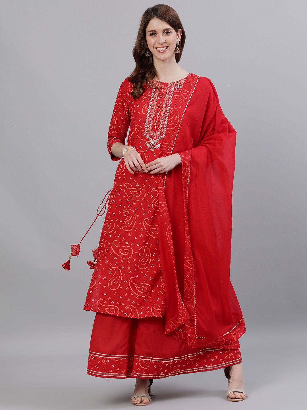 

Ishin Women Red Printed Kurta with Sharara & Dupatta
