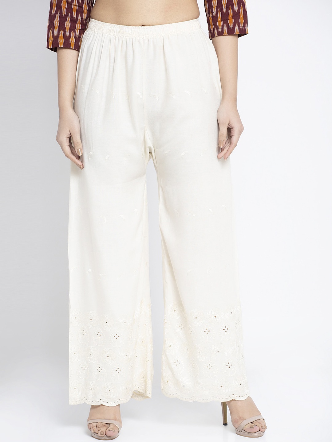 

GRACIT Women White Hem Design Flared Palazzos