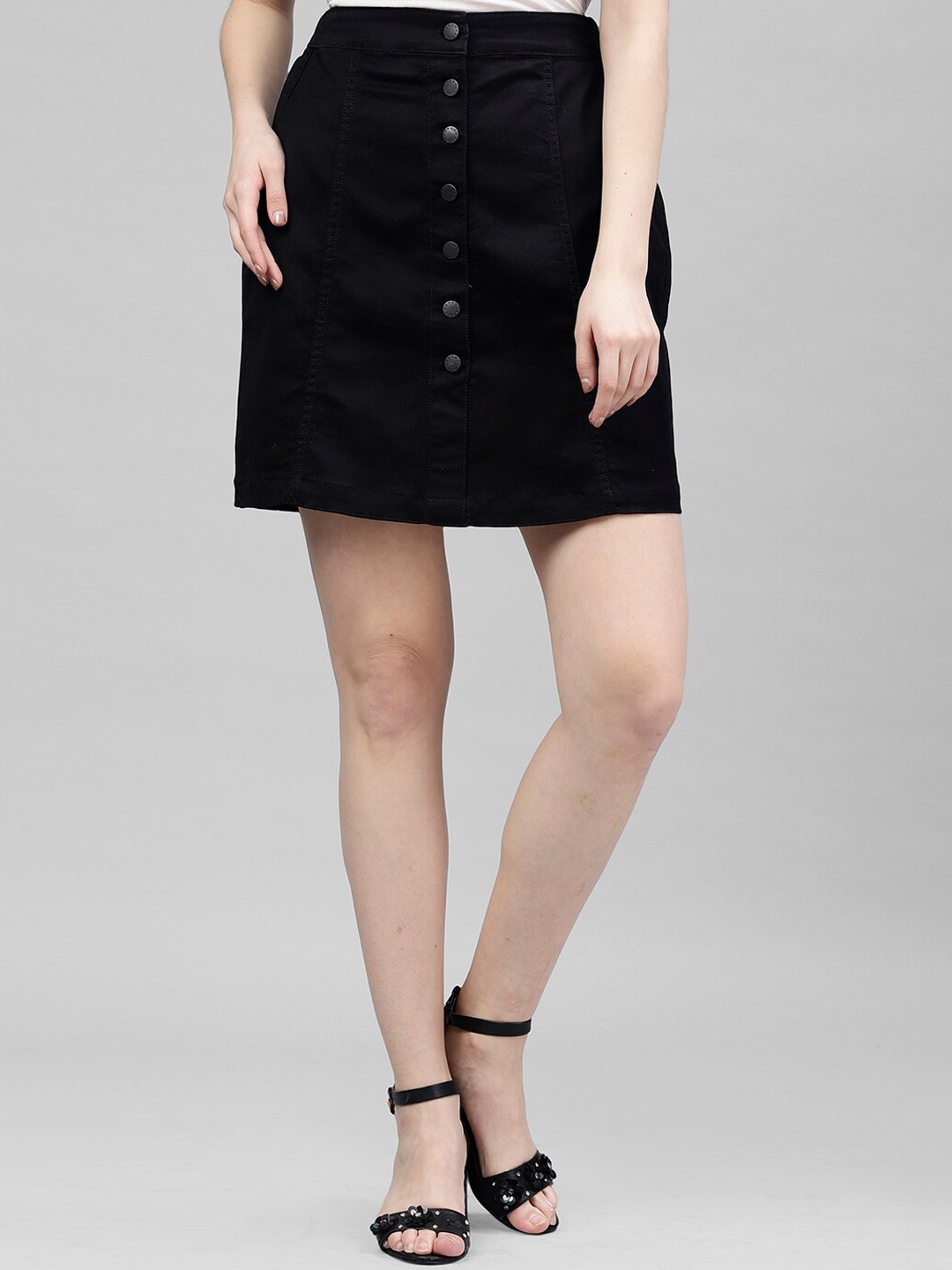 

KASSUALLY Women Black Solid A-Line Denim Mini Skirt