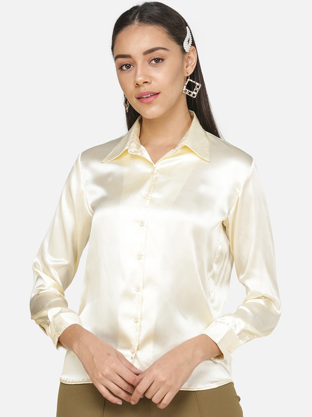 

DECHEN Women Off-White Regular Fit Solid Casual Shirt
