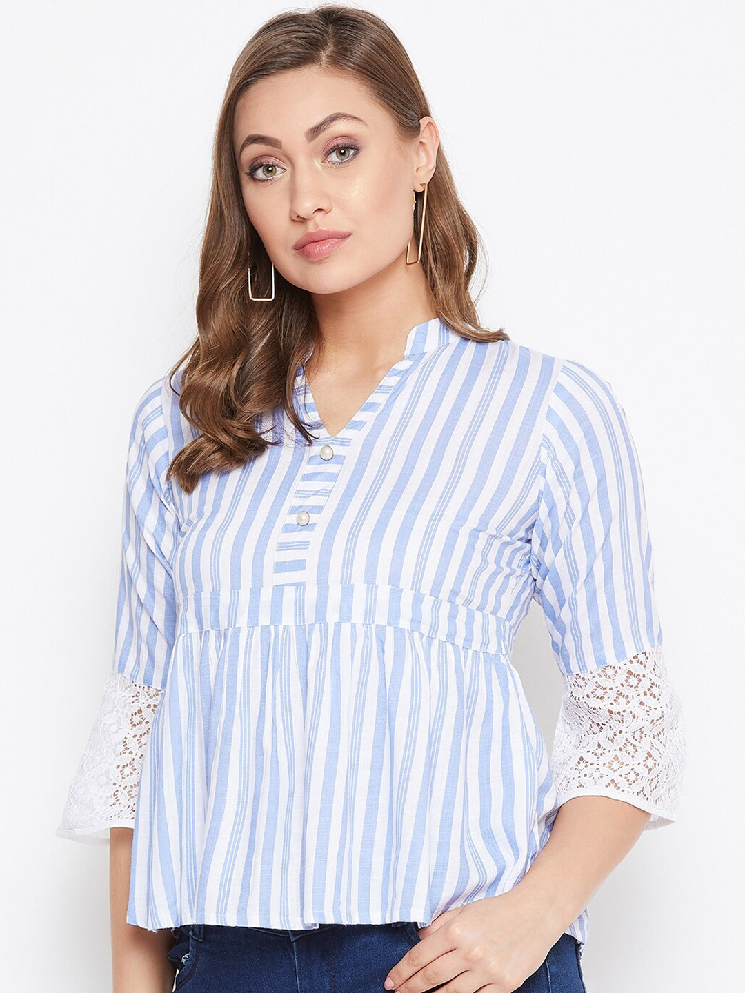 

WineRed Women Blue Striped A-Line Top