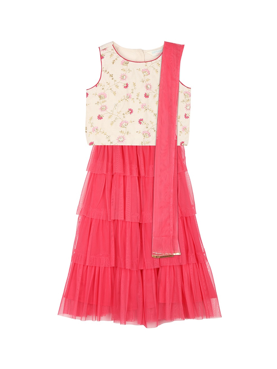 

AKKRITI BY PANTALOONS Girls Beige & Coral Embroidered Lehenga & Blouse with Dupatta