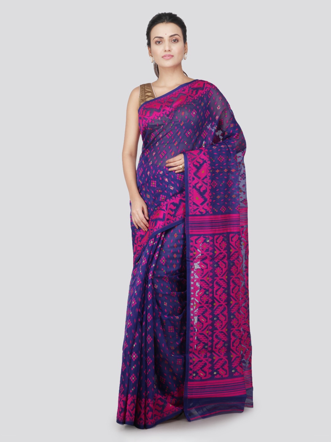 

PinkLoom Blue & Purple Pure Cotton Woven Design Jamdani Saree