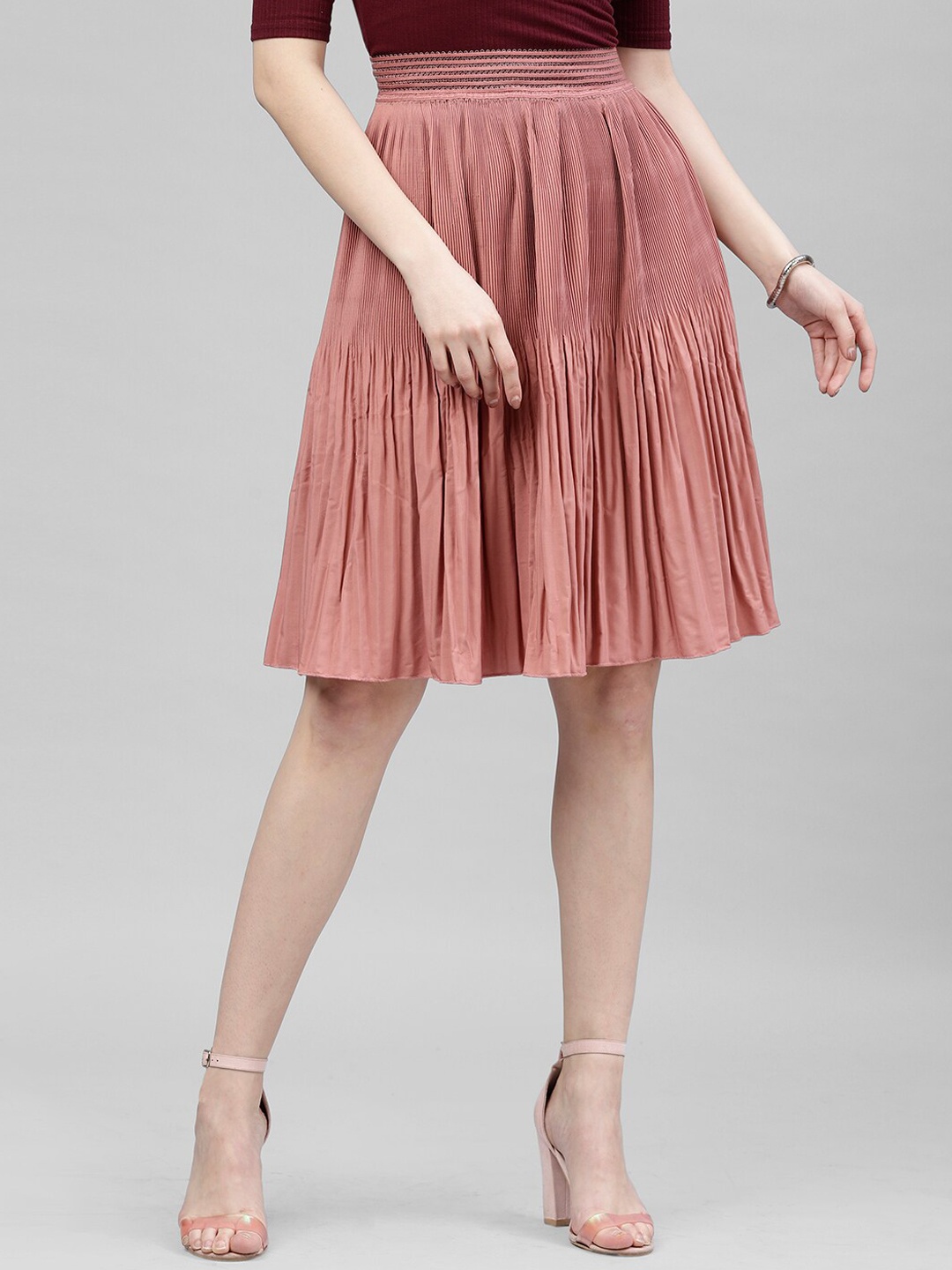 

KASSUALLY Women Pink Solid Pleated A-Line Skirt