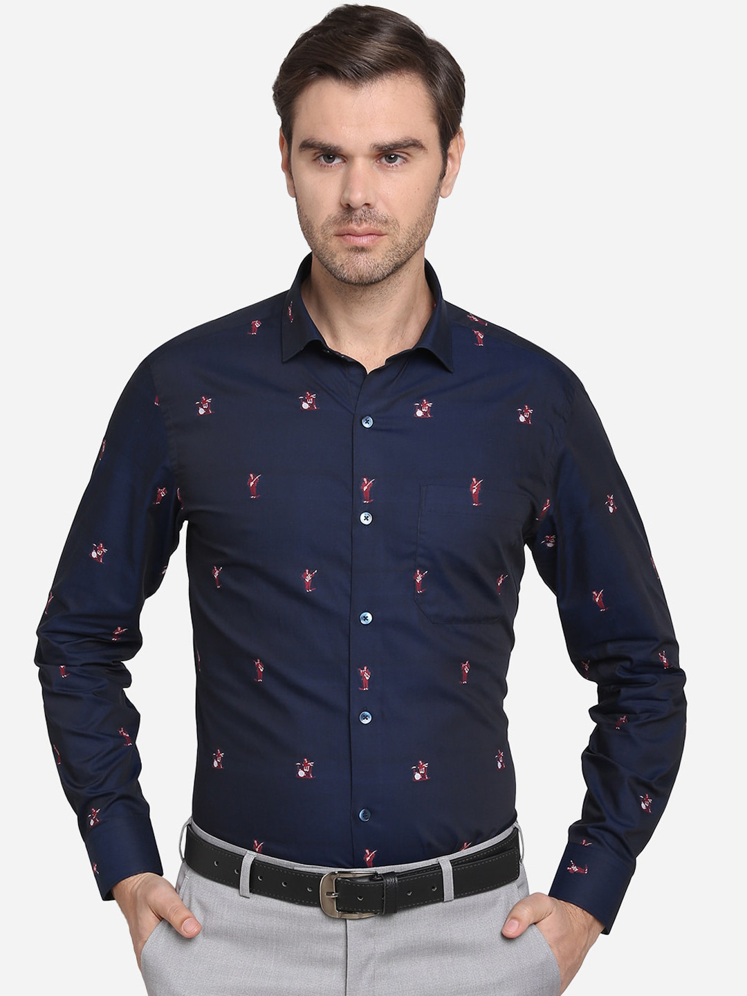 

METAL Men Navy Blue Slim Fit Printed Formal Shirt