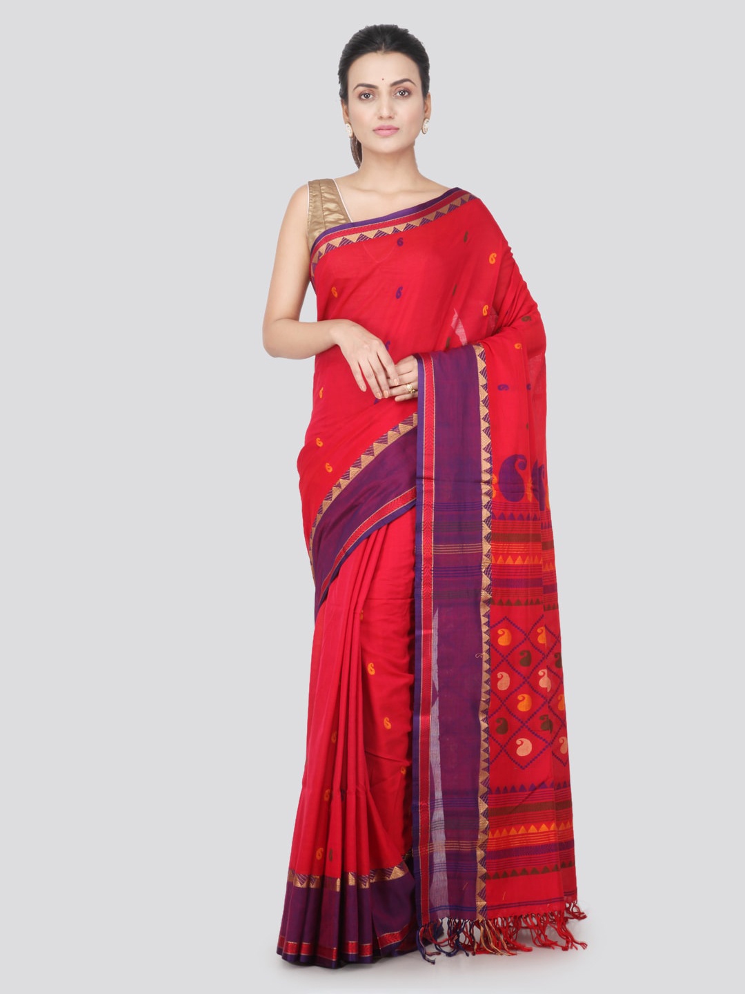 PinkLoom Red Pure Cotton Woven Design Handloom Sustainable Saree