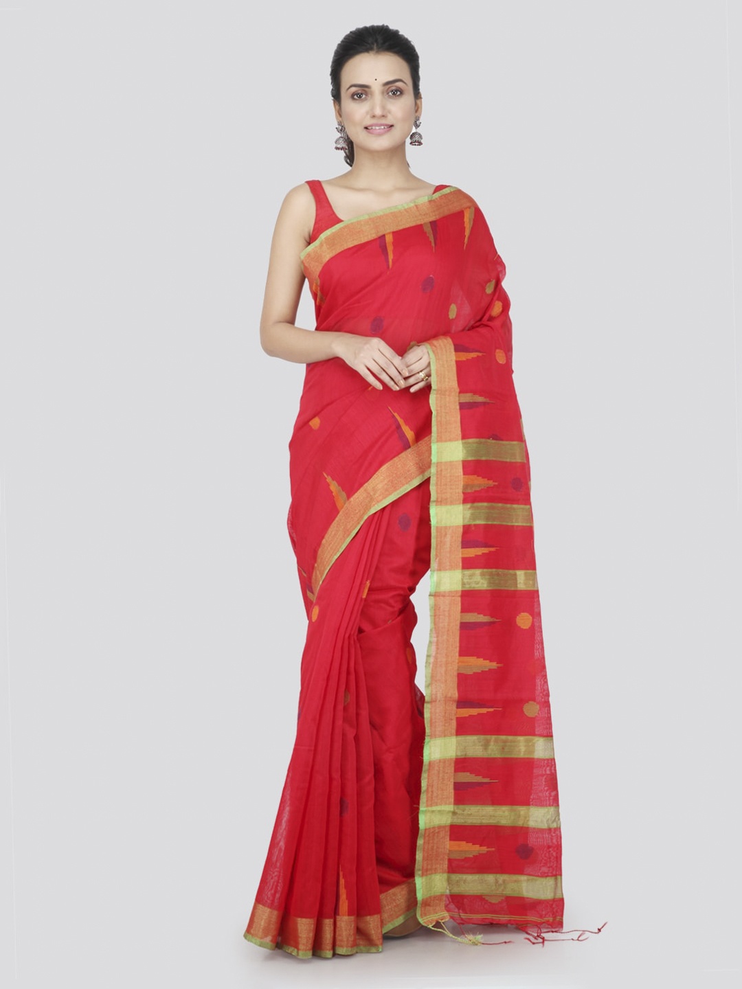 

PinkLoom Red & Yellow Cotton Blend Woven Design Handloom Saree