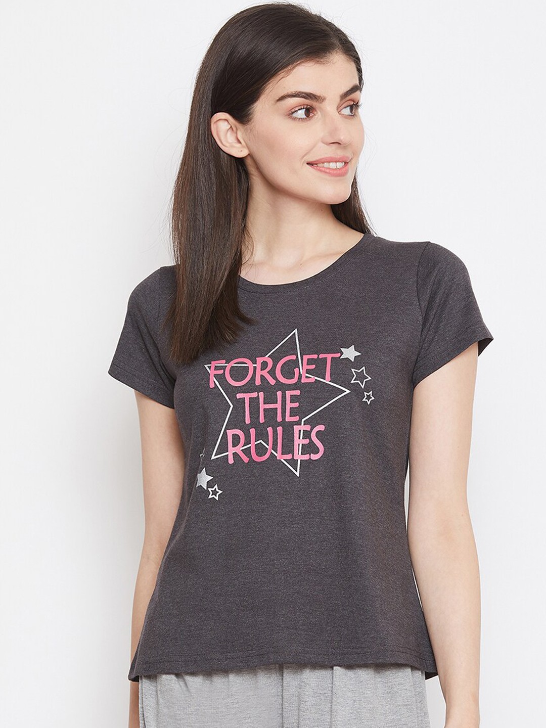 

Clovia Women Grey & Pink Printed Lounge T-Shirt