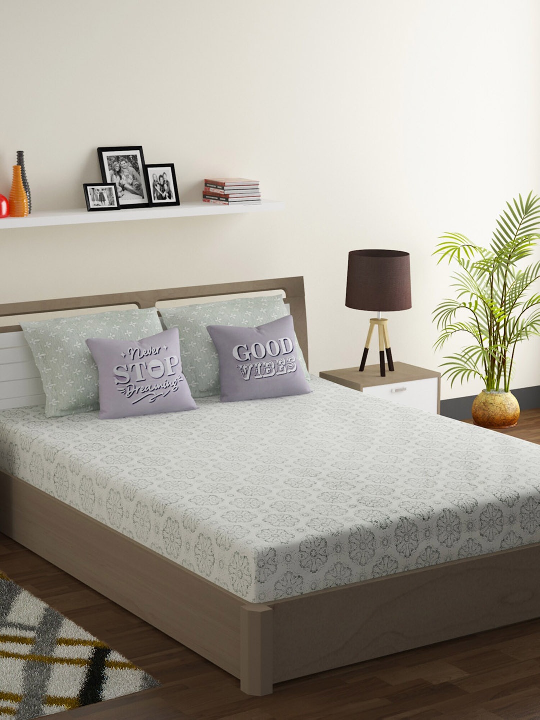 

SWAYAM Grey & Purple Floral 210 TC Cotton 1 King Bedsheet with 2 Pillow Covers