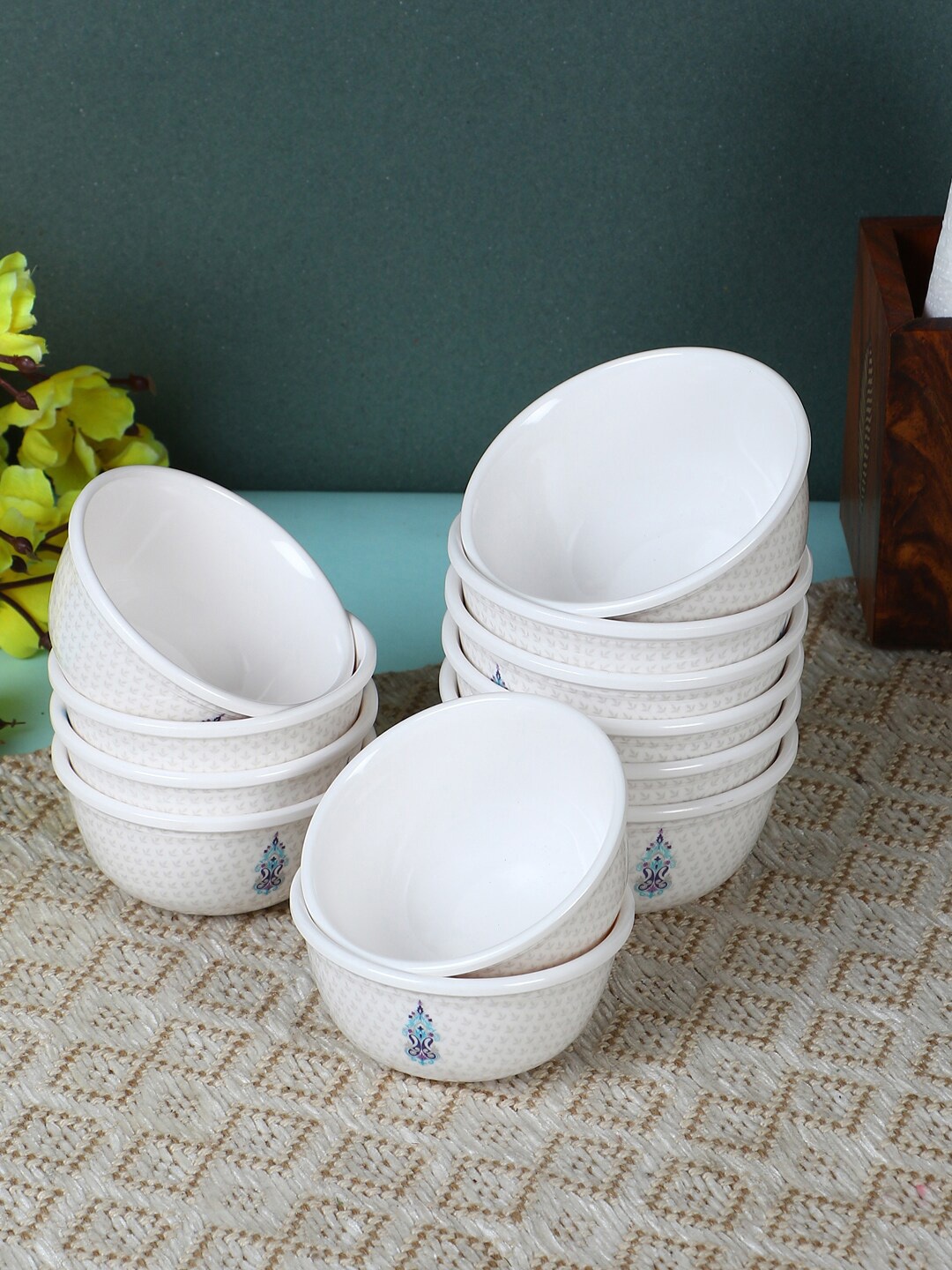 Servewell White & Blue 12 Pcs Melamine Bowls Set