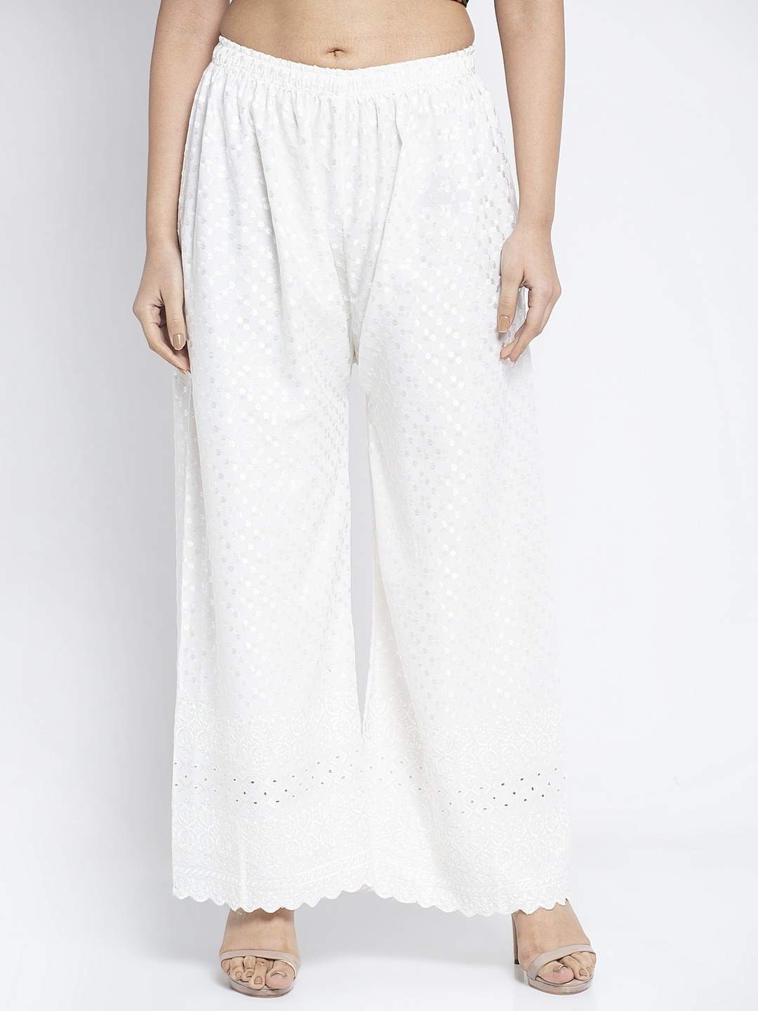 

GRACIT Women White Embroidered Cotton Flared Palazzos