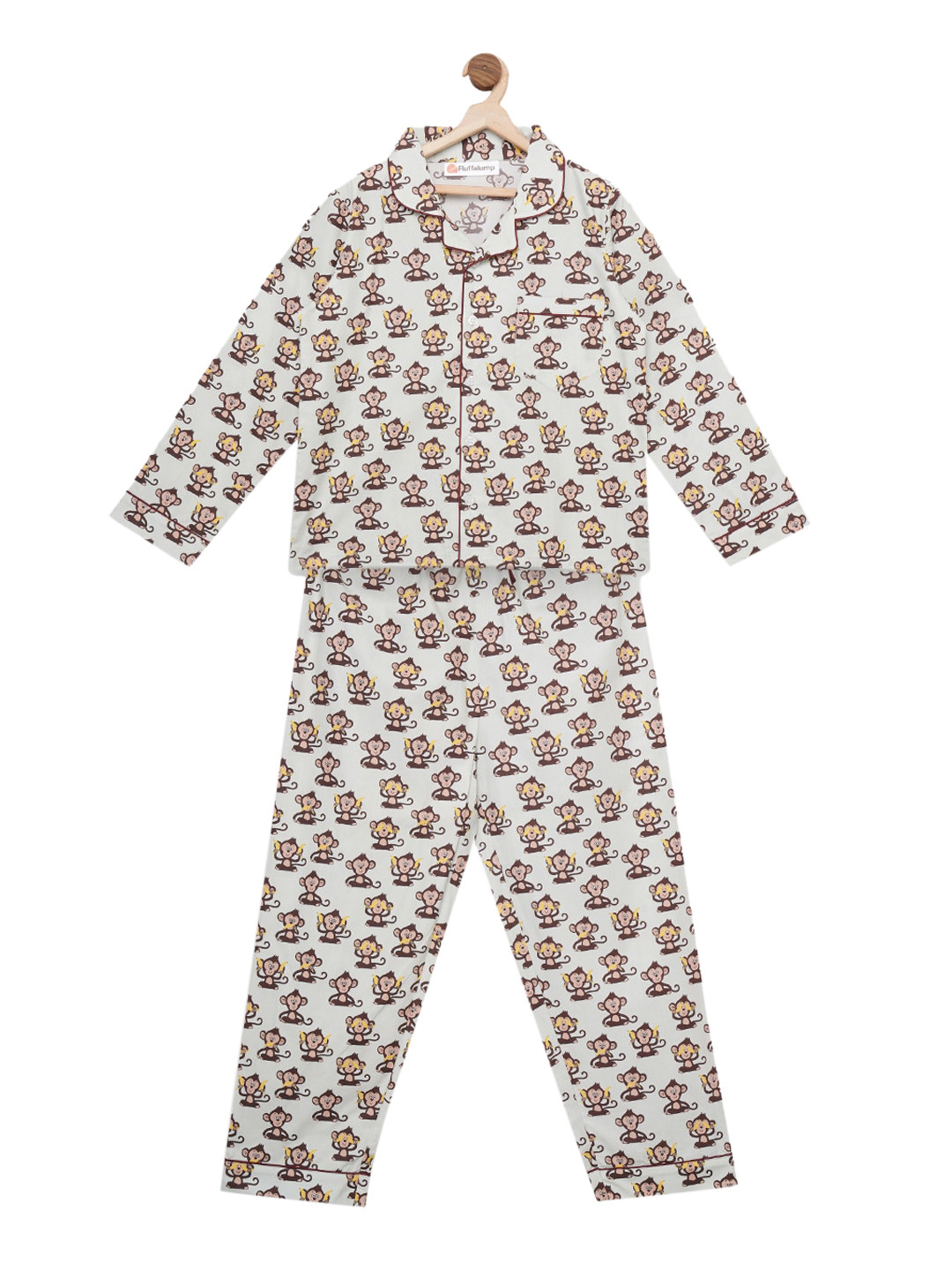 

Fluffalump Off-White & Brown Printed Night Suit