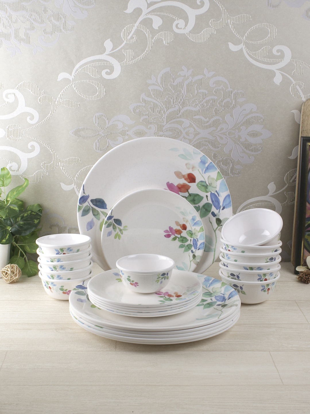 

Servewell Unisex White Printed Leaf Glossary 24 Pieces Melamine Dinner Set