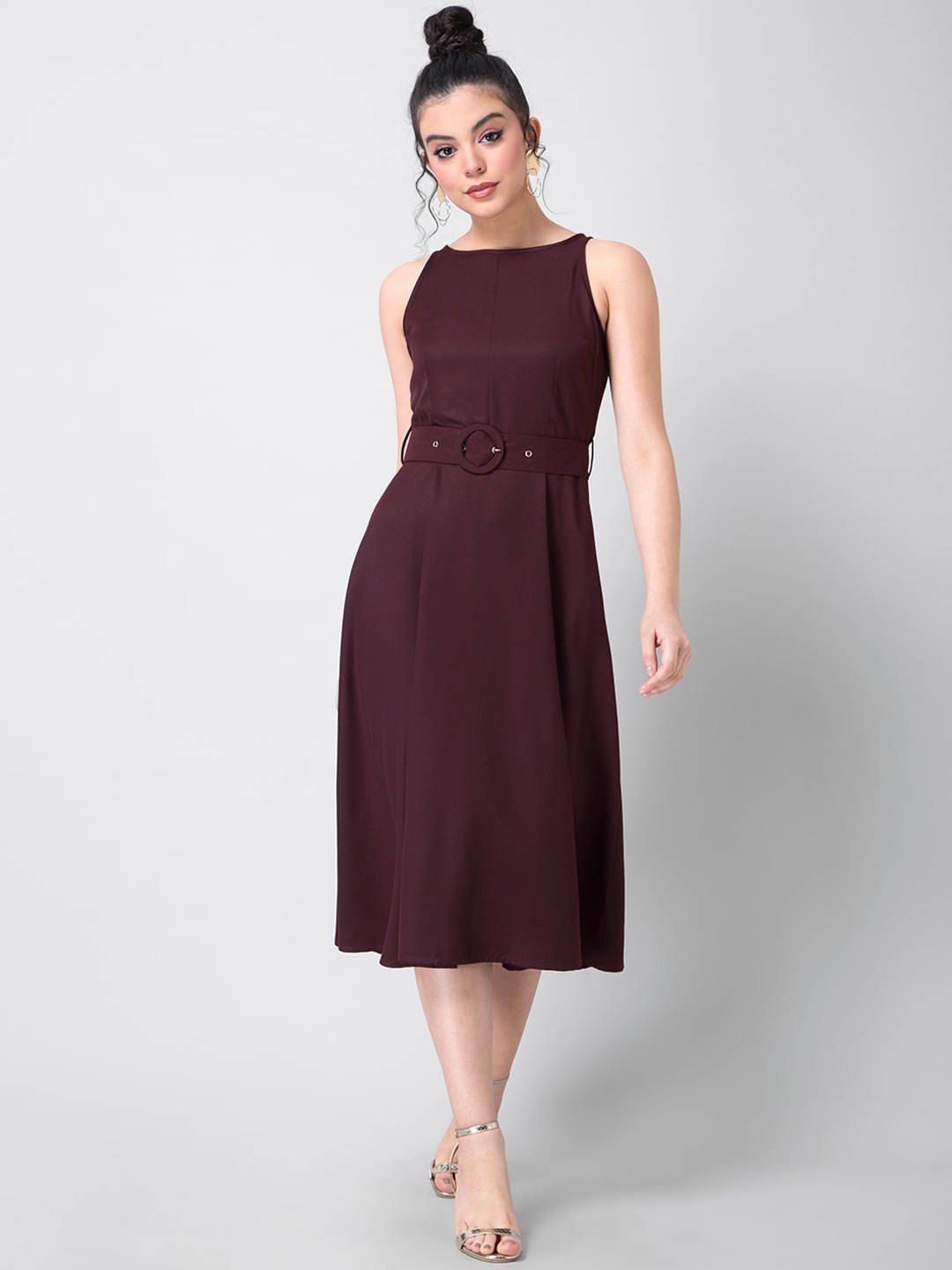

FabAlley Women Burgundy Solid Fit and Flare Dress