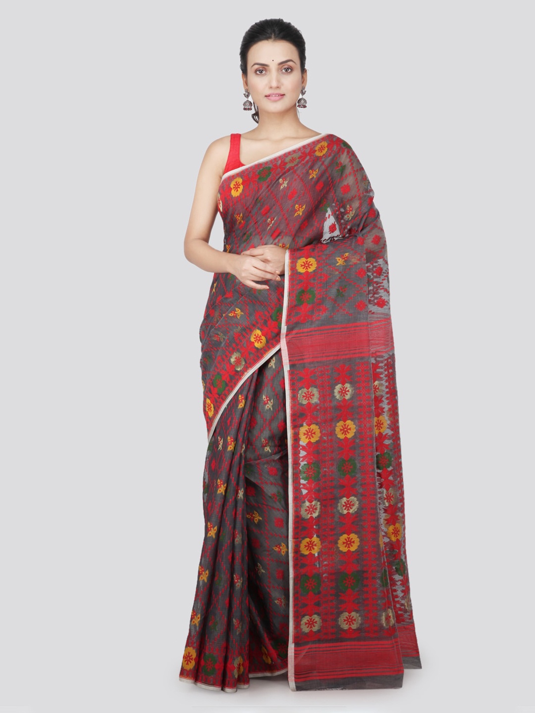 

PinkLoom Grey & Red Pure Cotton Woven Design Handloom Saree