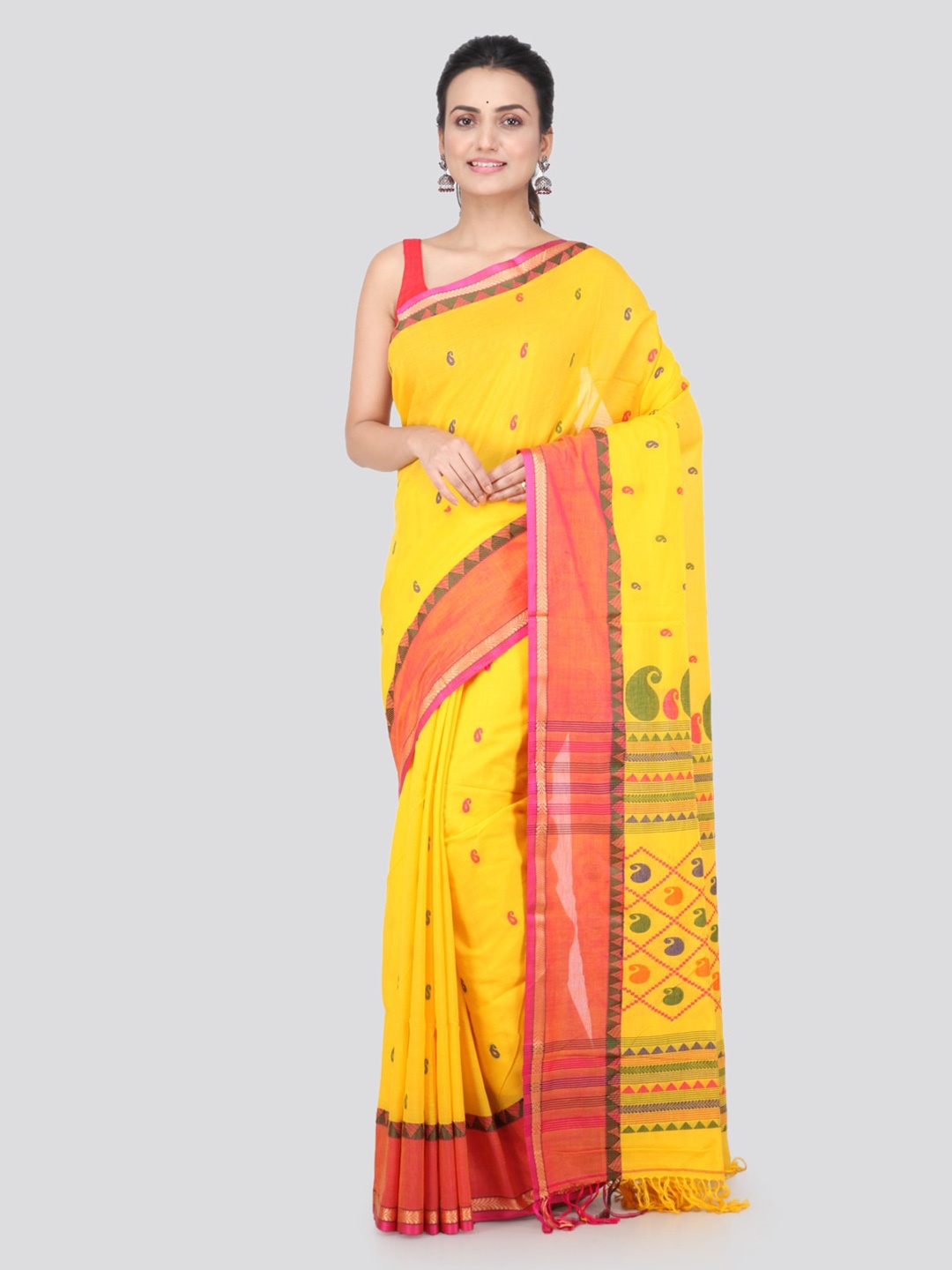 PinkLoom Yellow & Pink Pure Cotton Woven Design Handloom Sustainable Saree