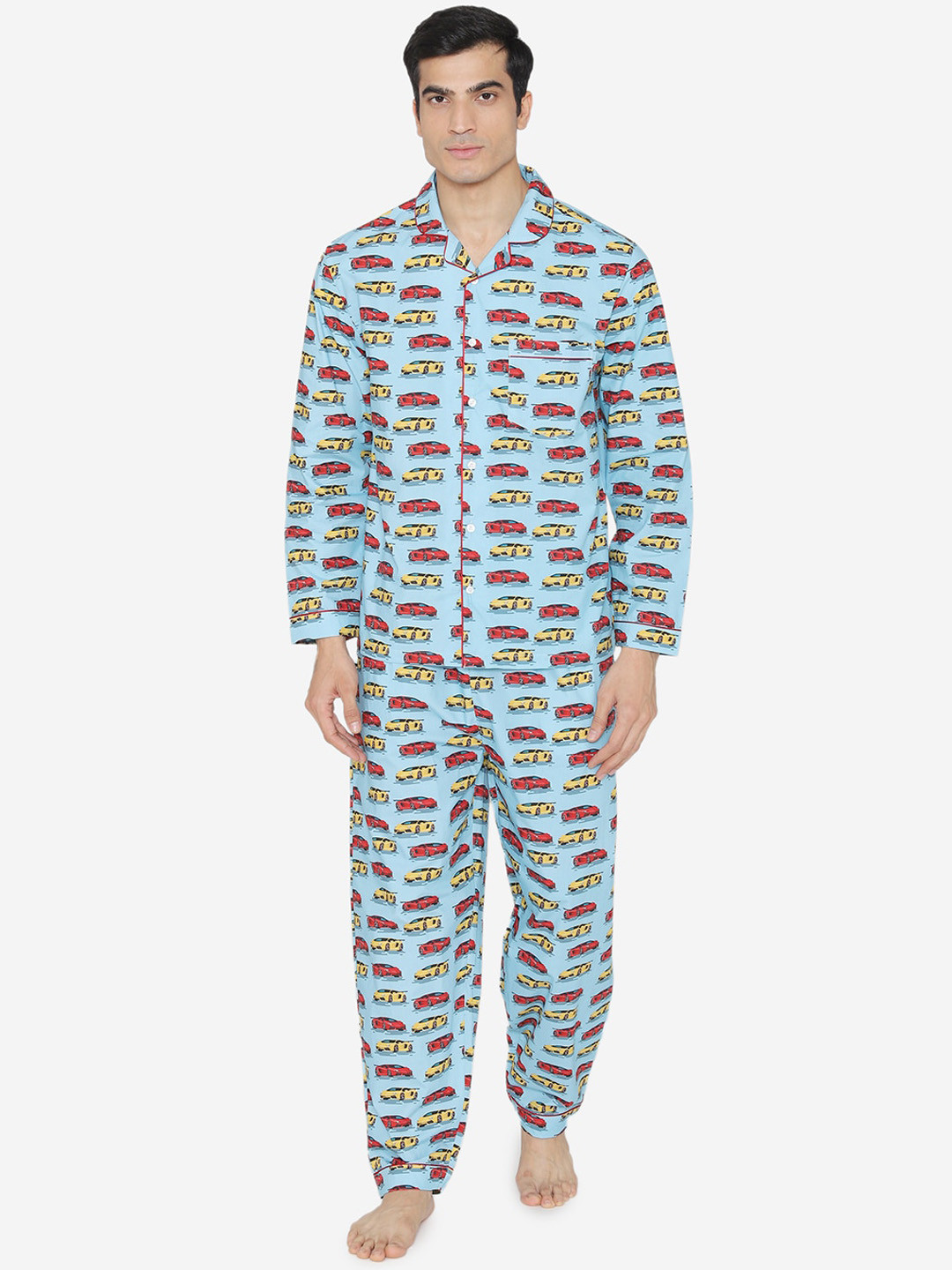 

Fluffalump Men Blue & Red Printed Night Suit