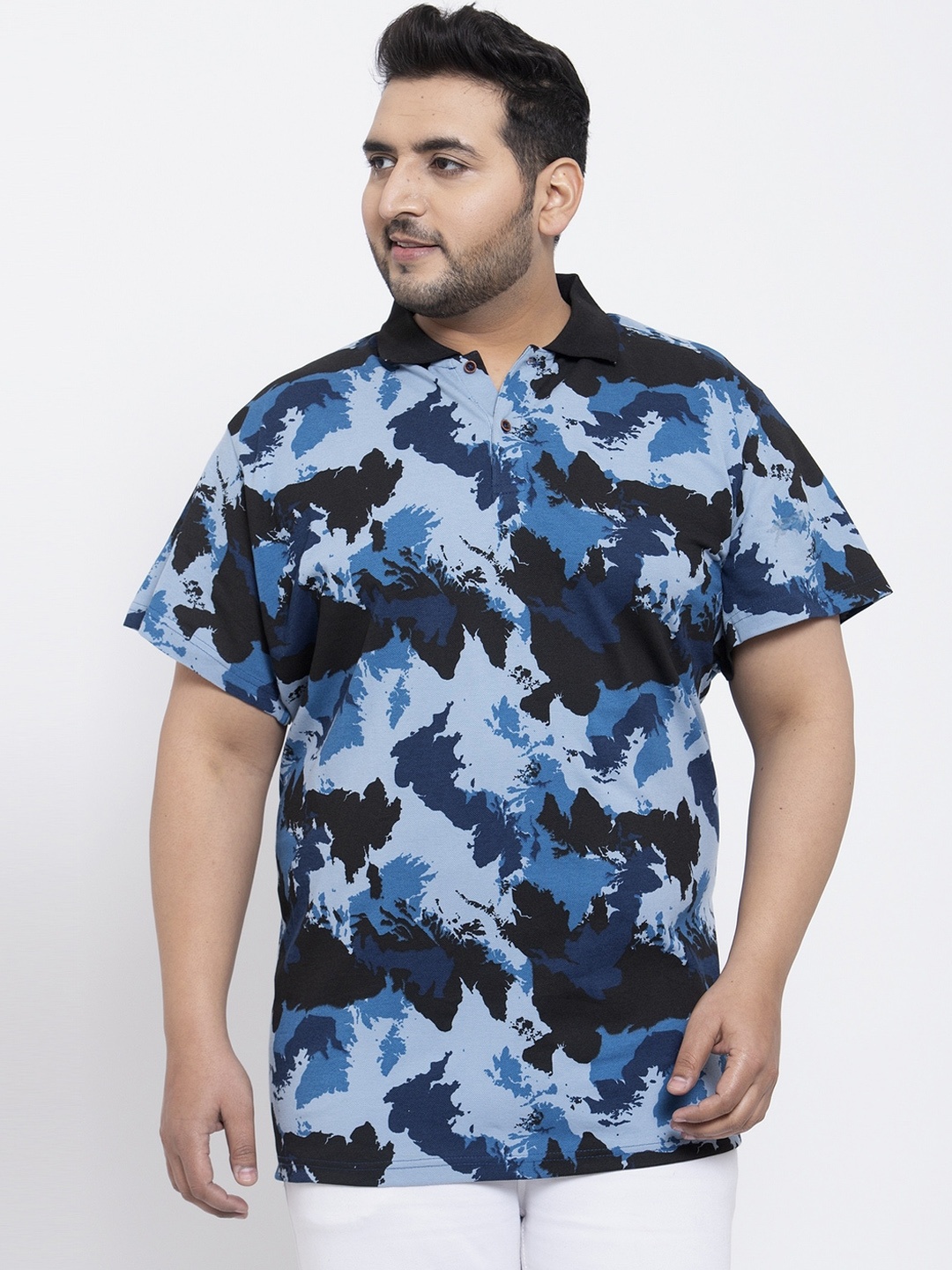 

plusS Men Blue Printed Polo Collar T-shirt