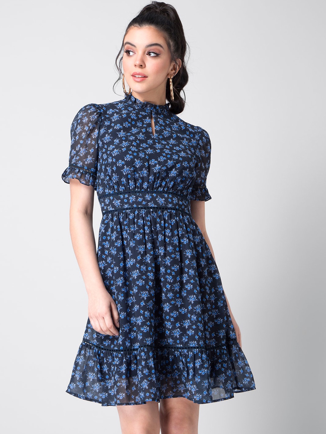 

FabAlley Women Navy Blue Floral Printed Fit and Flare Dress