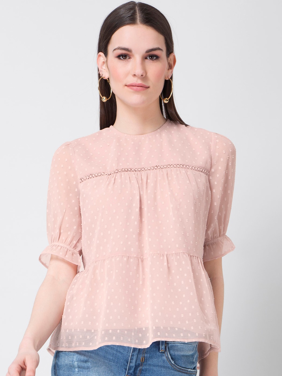 

FabAlley Women Pink Self Design A-Line Top