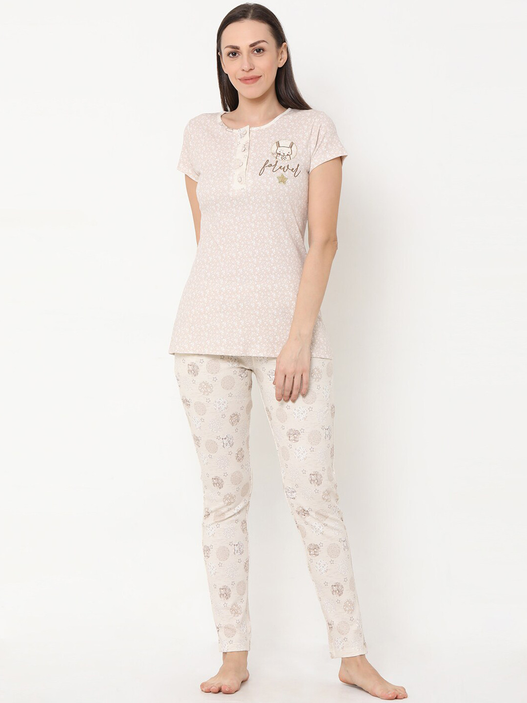 

Sweet Dreams Women Cream-Colored & Brown Printed Night Suit