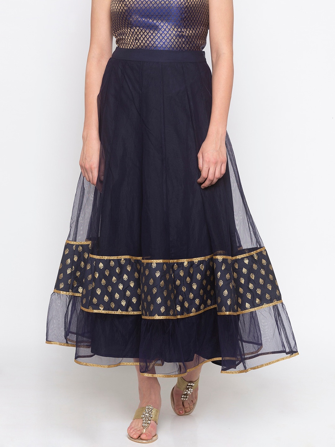 

Globus Women Navy Blue & Gold Coloured Printed Sustainable Flared Midi Skirt