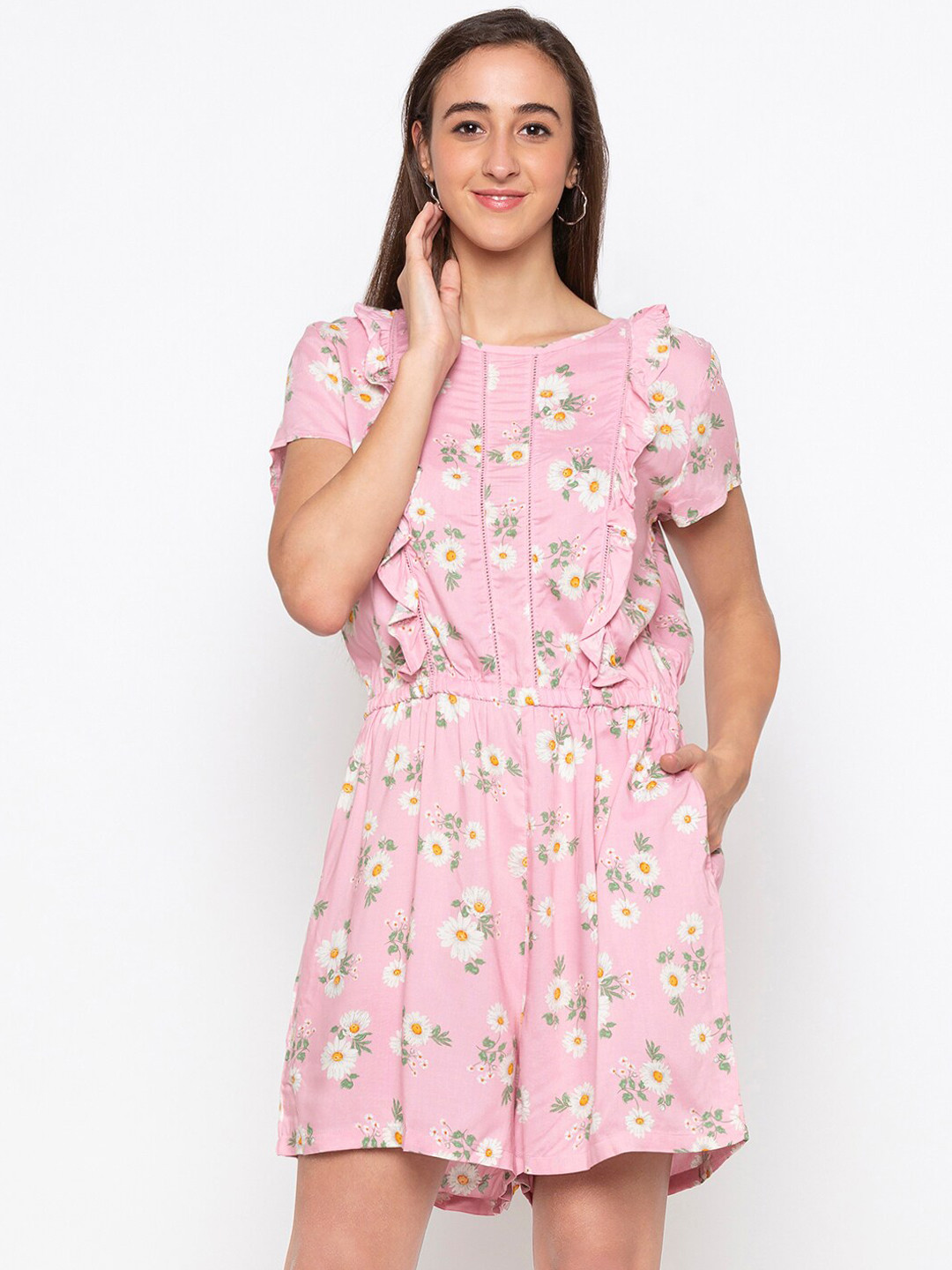 

Globus Women Pink & White Printed Playsuit